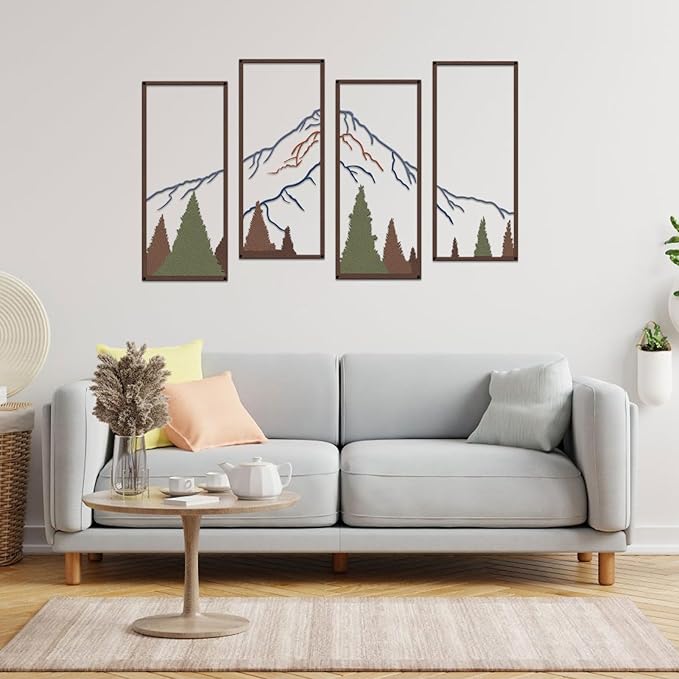 ruelen 4 Pcs Metal Mountain and Forest Wall Decor Colorful Landscape Mountain Wall Art Pine Tree Forest Wall Decoration Rustic Nature Wall Decor for Living Room Home Office Bathroom Indoor (Large)