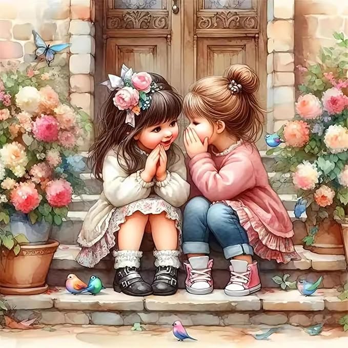 Girl Paint by Numbers Kit for Adults,Cute Bestie and Flower Unframed Watercolor Painting by Number Kits on Canvas for Beginners ,DIY Digital Oil Paint by Number Kits for Home Wall Decor 16X16 Inch.