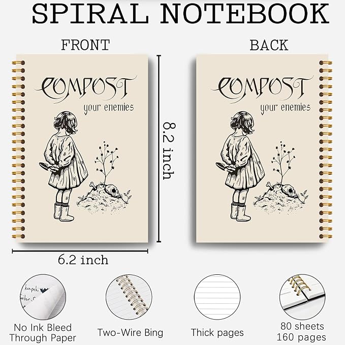 Compost Your Enemies Funny Gothic Skull Notebook Journal, Funny Gardening Gifts, Dark Academia Notebook Journal, Goth Office Supplies, Spiral Notebook 5.5x8.3 Inch