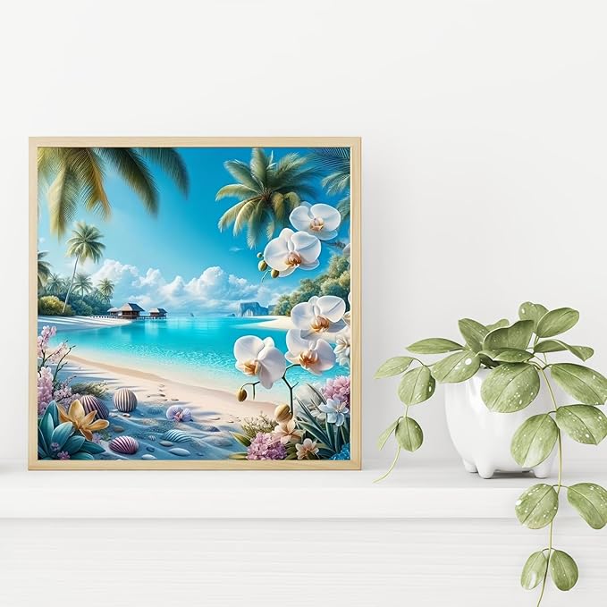 Beach Diamond Art Kits for Adults, 5D Diamond Painting for Adult Beginners, DIY Full Drill Round Gem Painting Dot Art for Adults, Home Wall Decor 13.78x13.78 Inch