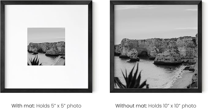 HAUS AND HUES 10x10 Black Metal Picture Frame Matted to 5x5 - Features Premium Aluminum & Hanging Hardware, Shatterproof Plexiglass - Ideal for Home, Room, Office (10x10 in, Black, Set of 1)