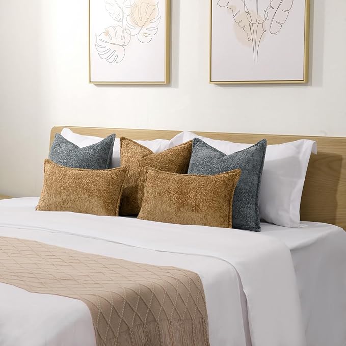 Pack of 2 Golden Brown Decorative Throw Pillow Covers 18x18 Cozy Soft Chenille Accent Vintage Square Couch Pillow Covers for Home Decor Bed Sofa Living Room