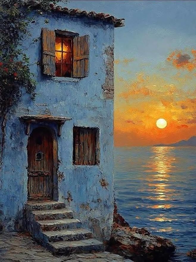 Mosaflare Paint by Numbers for Adults Beginner, Beach House Adult Paint by Number Kits on Canvas, DIY Scenery Acrylic Oil Easy Painting by Numbers for Home Wall Decor 12X16 inch (Without Frame)