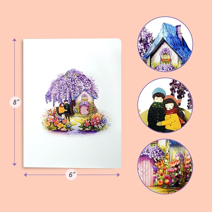 CUTE POPUP - Romantic Couple with Flowering Wisteria Design 3D popup card for Birthday, Valentine, Wedding, Anniversary Handmade gift for Girlfriend, Wife or Couple