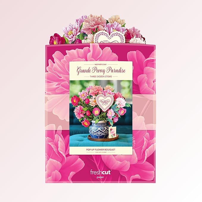 Freshcut Paper Pop Up Cards, Mother's Day Card, Grande Peony Paradise, Happy Mother's Day, 18 Inch Life Sized Forever Flower Bouquet 3D Popup Greeting Card, Gifts for Mom, Blank Notecard & Envelope