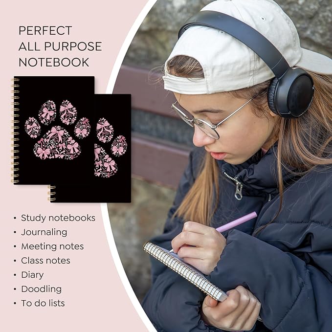 VONTP Coquette Pink Bow Dog Spiral Notebook, Dog Mom Lovers Owner Gifts for Women Journal, Pet Lover Gifts, Preppy Puppy Paws College Ruled Notebook Journal for Writing, 5.5x8.3