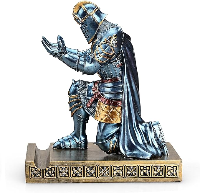 King's Guard Leader Cloak Warrior Knight Pen Holder Mobile Phone Stand, Ornament Knight Statue, Pen Stand Paperweight for Office and Home (Blue)