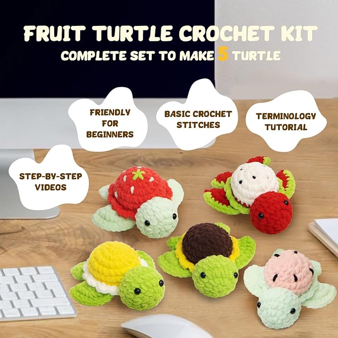 POP COCHE Crochet Kit for Beginners, Crochet Starter Kits for Adults, Amigurumi Craft Knitting Crochet Animal Kit with Step-by-Step Video Tutorials, 5 Fruite Turtles (40%+ Yarn)