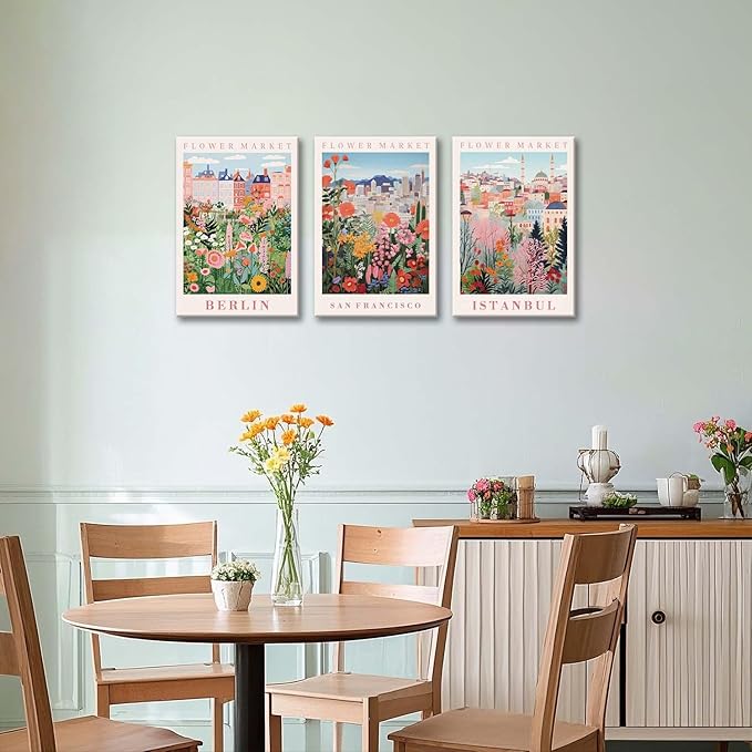 XLARTMY Flower Market Wall Art Prints Canvas Orange and Pink Floral Paintings Colorful Botanical Travel Flower Posters for Home Decor Pictures Set of 3 for Living Room Bedroom 16x24in Unframed