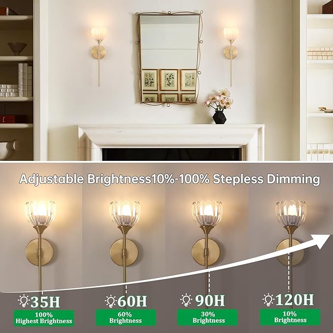Battery Operated Wall Sconce Set of 2, Clear Tulip Vintage Wall Light Fixture Rechargeable 5000mAh Battery Powered Wall Lamp with Remote for Living Room Bathroom