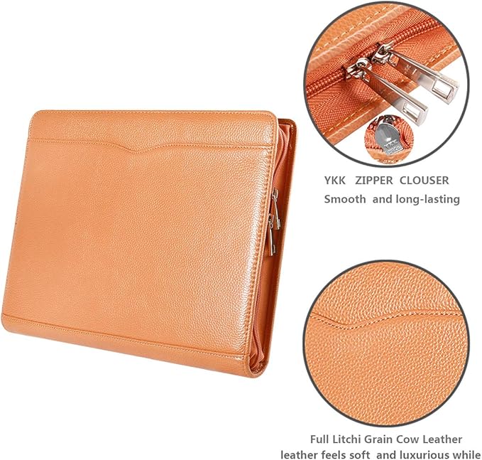 Professional Leather Business Padfolio Portfolio Case, 3 Ring Binder,Zippered Business Document Organizer Tablet Holder Folder Case,with Letter Size Notepad (Brown)