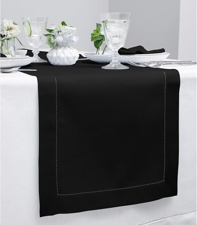 Solino Home Linen Black Table Runner 60 Inches - Classic Hemstitch, 100% Pure Linen Coffee Table Runner 14 x 60 Inch Ideal for Dresser Tables - Spring, Easter