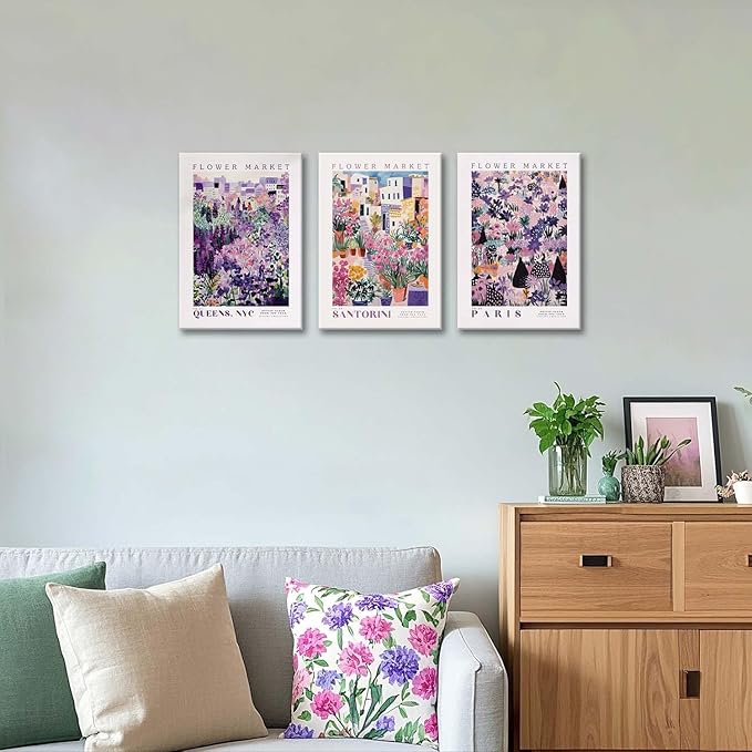 XLARTMY Flower Market Wall Art Prints Canvas Purple and Pink Floral Paintings Colorful Botanical Travel Flower Posters for Home Decor Pictures Set of 3 for Living Room Bedroom 16x24in