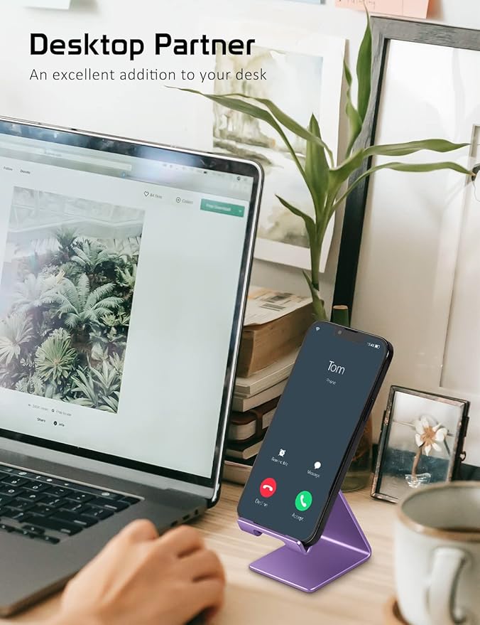 Phone Stand, Aluminum Phone Holder for iPhone 16 15 14 13 12 11 X 8 7 6 Plus 5, Tablet, Samsung, Huawei, Suitable for All Smartphones, Adding a Touch of Style to Your Office Decor, Purple