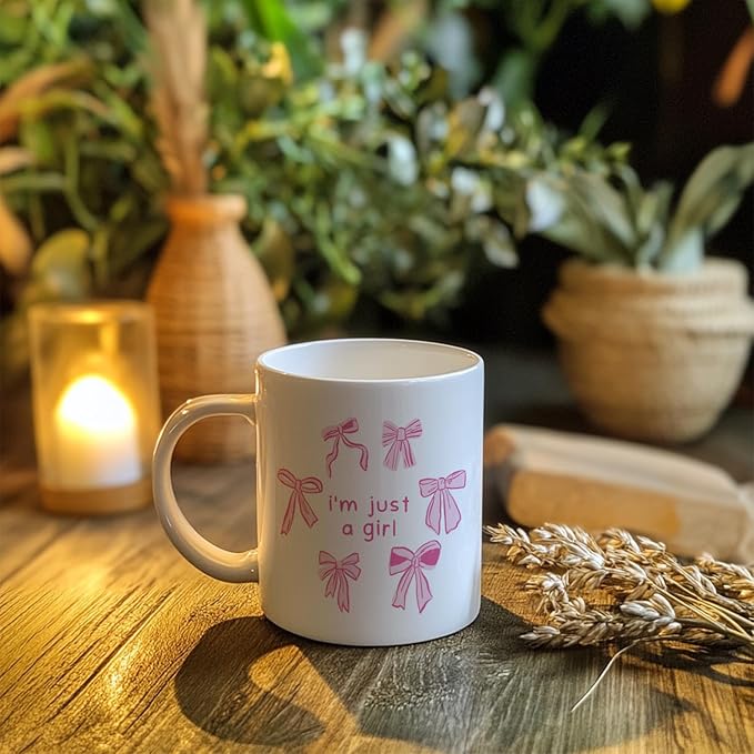 Cute Pink Bow Coffee Mug, I Am Just A Girl Ceramic Coffee Mugs, Coquette Cute Girly Mugs Gifts for Women Girls, 11oz Ceramic Cup White