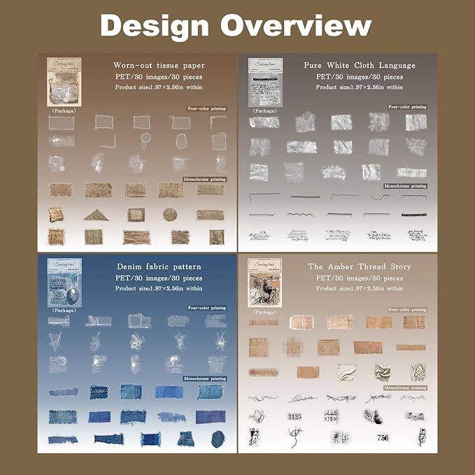 Sewing Time Fabric Patch PET Stickers Set, 120PCS Retro Cloth & Denim Pieces - Waterproof Self-Adhesive Scrapbook Junk Journal Collage Embellishments