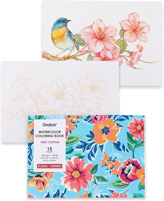 Grabie Watercolor Coloring Book, 15 Sheets Art Pad A5 (8.3 x 5.8), Cotton Watercolor Book for Adults(Floral)