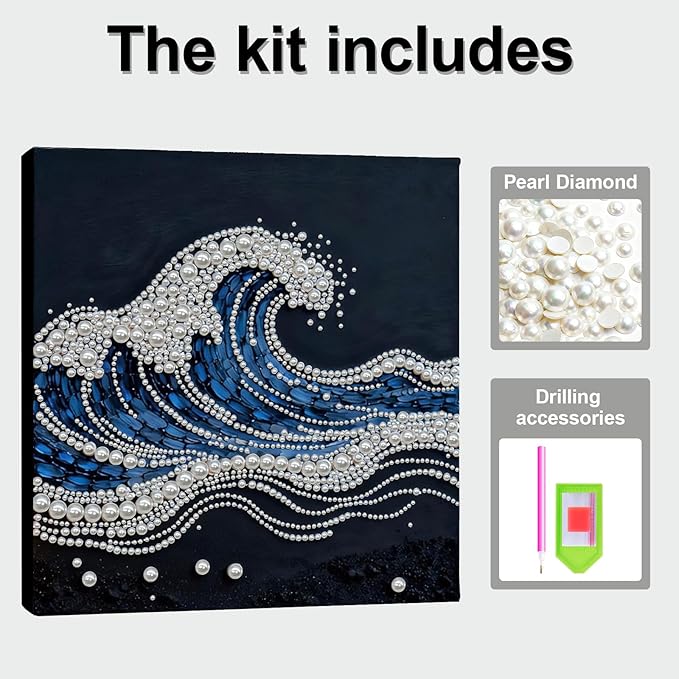 DIY Pearl Painting Kit with Wooden Frame, 3D Plastic Pearl Gemstone Ocean Art Craft for Adults Beginners, Diamond Art Kits for Adults, Home Wall Decor Ready Gift for Women(Waves)(30 * 30cm)