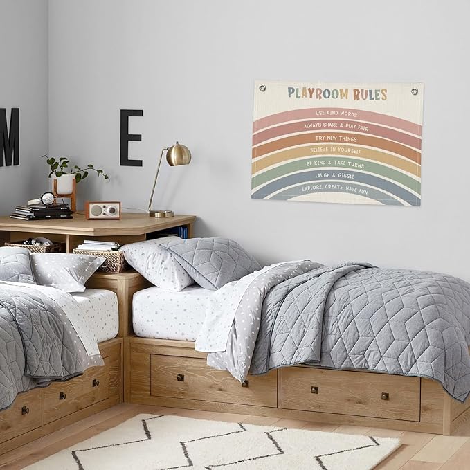 Playroom Rules Banner, Boho Rainbow Linen Canvas Banner Wall Hanging Flag Decor for Nursery Classroom Kids Room 30x20 Inch