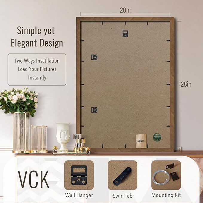 VCK 20x28 Poster Frame 3 Pack - Brown Walnut, Exclusive Natural Wood Grain Solid Wood Picture Frame, Wall Hanging