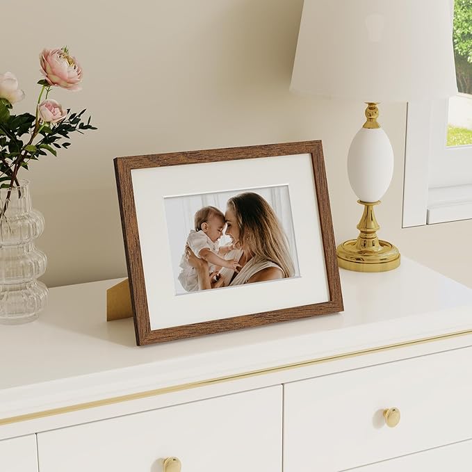 Dreamland 8x10 Picture Frame, Solid Oak Wood Photo Frame with Mat for 5x7, 8 x 10 Matted Picture Frames with Resistant Plexiglass for Wall Mounting or Tabletop, Walnut Color, Set of 1