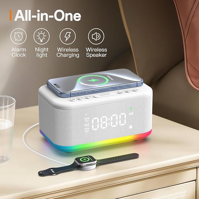 Alarm Clock Speaker Wireless Charger, Digital Alarm Clocks Bedrooms Bluetooth, Alarm Clock Dimmable Light Bedrooms Bluetooth Speaker Dual Alarm Snooze 12/24H Dimmer Support USB AUX, White