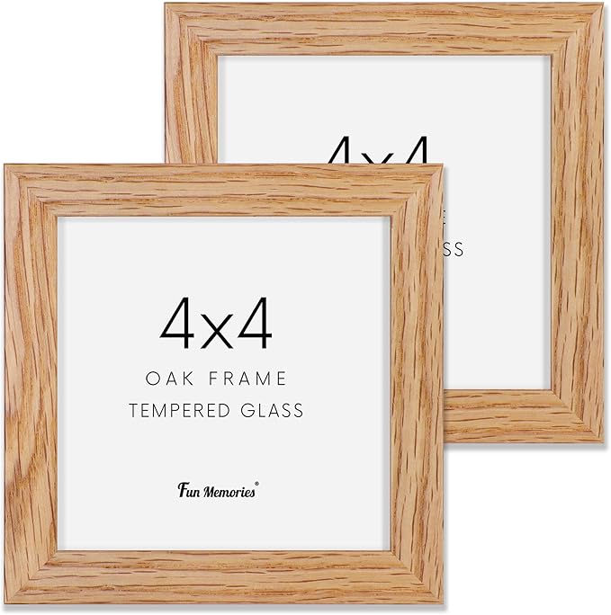 Solid White Oak Wood 4x4 Picture Frame - Set of 2 with Tempered Real Glass for Wall & Tabletop Display
