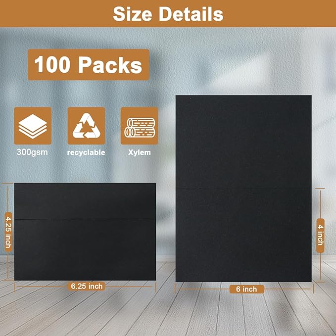 100 Packs Black Blank Greeting Cards and Envelopes 4 x 6 Heavyweight Folded Cardstock and A4 Envelopes Printable Self Seal for Birthday, Thank You Cards, Wedding Invitations, Baby Showers