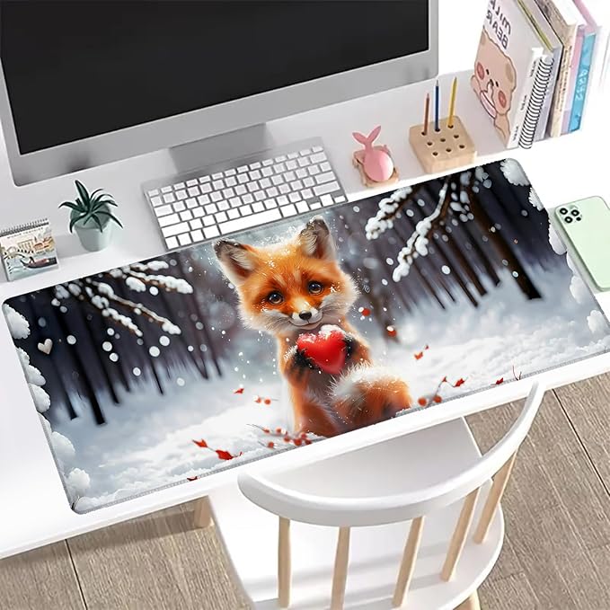 Winter Fox Gaming Mouse Pad, Office Desk Mat, Anti-Slip Rubber Base Cool Aesthetic Mouse Pads for Computer Laptop Keyboard School Home Desktop Gamer Home Accessories Decor 31.5" x 11.8"