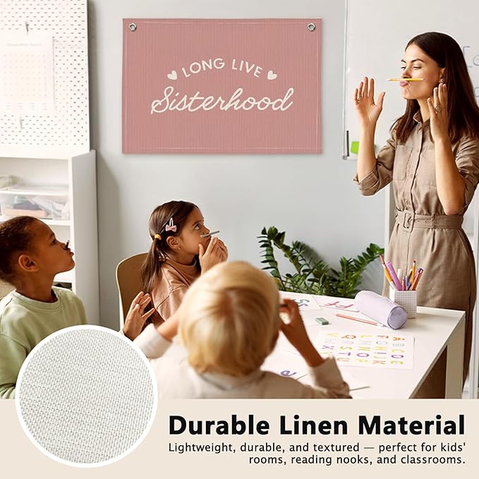 Coral Pink Long Live Sisterhood Girls Room Decor - Linen Banner Wall Hanging Canvas Banner Flag Decor for Toddler Girly Bedroom Playroom Nursery Dorm Apartment