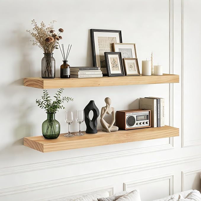 Floating Wall Shelf 36x6.8x1.7 Inch – Solid Wood Shelf in Natural Wood Finish – Heavy Duty Wall Mounted Rustic Display Shelf for Living Room, Kitchen, Bedroom, Hallway – Set of 2
