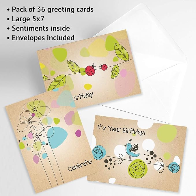 Current Kraft Blossoms Happy Birthday Greeting Card Set - Value Pack of 20 Cards With White Envelopes, 10 Designs, Large 5" x 7" Assortment