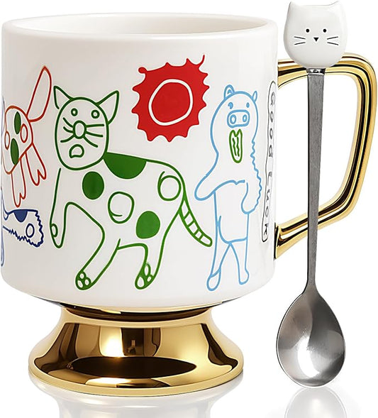 Christmas Mugs Whimsical Animal Ceramic fun Coffee Mug – 14oz Childlike Hand-Drawn Cat, Dog & Bear Design – Cute gothic Coffee Cup Gift for Women, Girls, Kids (white)