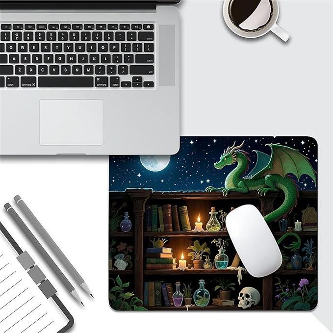Square Mouse Pad Bookshelf Dragon, Personalized Premium-Textured Custom Mouse Mat Design, Washable Mousepad Cloth, Non-Slip Rubber Base Computer Mouse Pads for Wireless Mouse