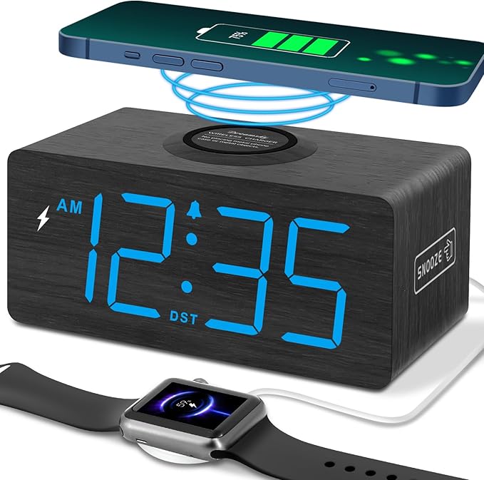 DreamSky Wooden Digital Alarm Clock with Wireless Charging for Bedroom, Bedside Nightstand Clock with Charger Station, USB Port, Large Numbers, Adjustable Volume, Brightness Dimmer, DST