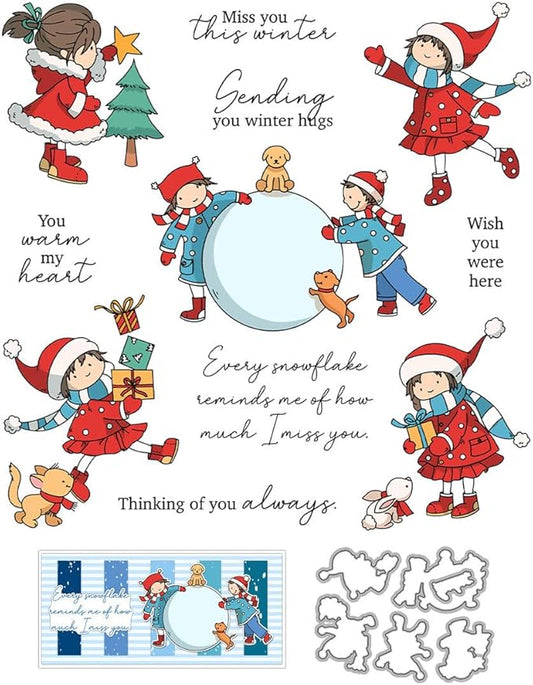 Christmas Children Stamps and Cutting Dies for Card Making DIY Transparent Silicone Clear Stamp and Metal Die Cuts Sets for Scrapbooking Paper Greeting Cards Decor Seals Craft Supplies