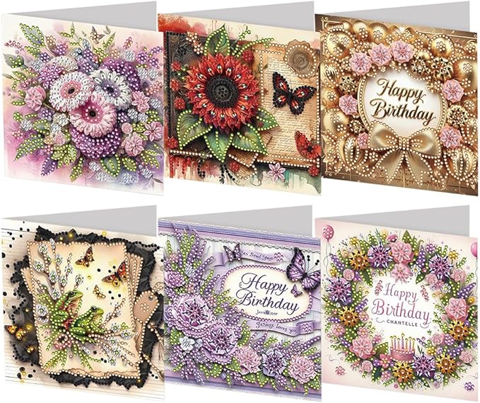 Ceitura 6Pcs DIY Diamond Art Painting Crafts Rhinestone Painting Greeting Card Making Kit Postcard for Holiday Christmas New Year Party Favors (Flower Birthday)