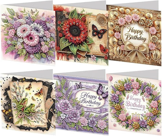 Ceitura 6Pcs DIY Diamond Art Painting Crafts Rhinestone Painting Greeting Card Making Kit Postcard for Holiday Christmas New Year Party Favors (Flower Birthday)