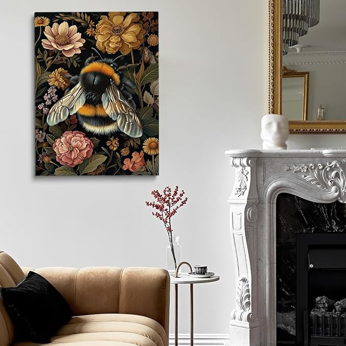 William Morris Style Bumble Bee Print William Morris Wall Art Exhibition Print Vintage Wall Art Textiles Art Vintage Poster Bumble Bee Insect Art for Living Room Bedroom 12x16in Frame wall art