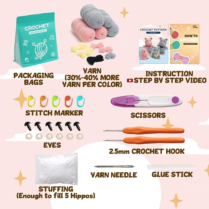 POP COCHE Crochet Kit for Beginners, Crochet Starter Kits for Adults, Amigurumi Craft Knitting Crochet Animal Kit with Step-by-Step Video Tutorials, Hippo Family (40%+ Yarn)