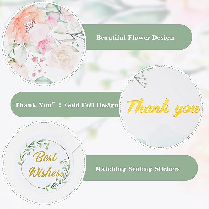 20 Pack Flower Thank You Cards with Envelopes and Stickers 3.66x2.76'' Gold Foiled Greeting Card Wildflower Thank You Cards Set Mixed Color Gift Card for Friends Family