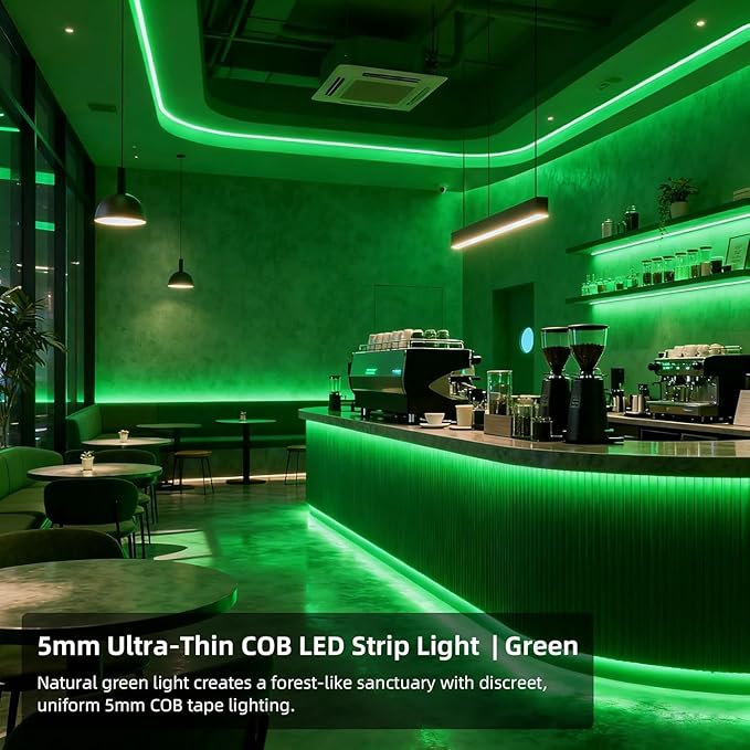 24V COB LED Strip Green Color 5mm LED Light Bar Tape, High Bright Dotless Dimmable Flexible LED Ribbon, IP30 5m 16.4FT for Party House Indoor Christmas Decor (Without Power Supply)