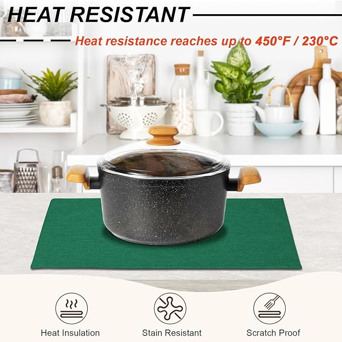 Cloth Placemats Set of 4, Cotton Linen Blend Machine Washable Double Layered Durable Place Mats Heat Resistant Placemats Wrinkle Free Thick Fabric Dining Table Mats (Green, 4)