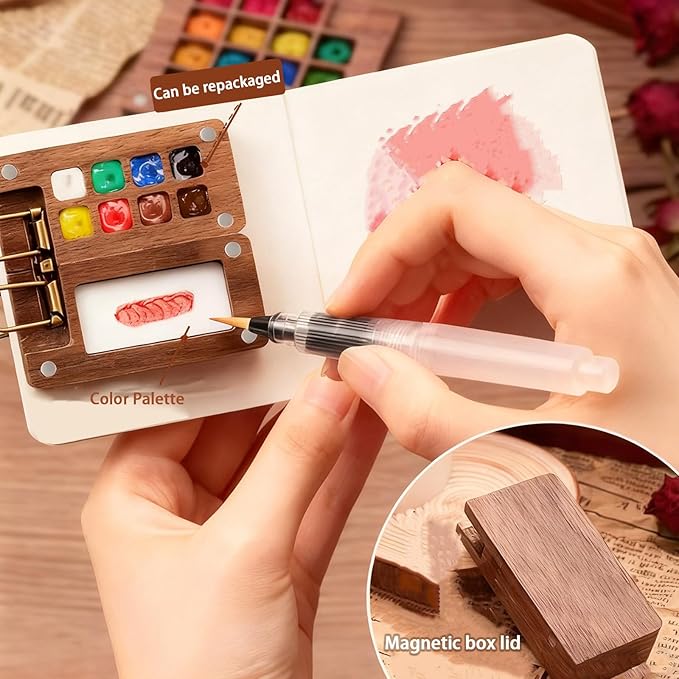 Mini Watercolor Travel Set,Portable Travel Water Color Kit With 12/24 Color Paints,Includes Picture Book & Mini Palette & Brushes,For Painters Artists Students (8)