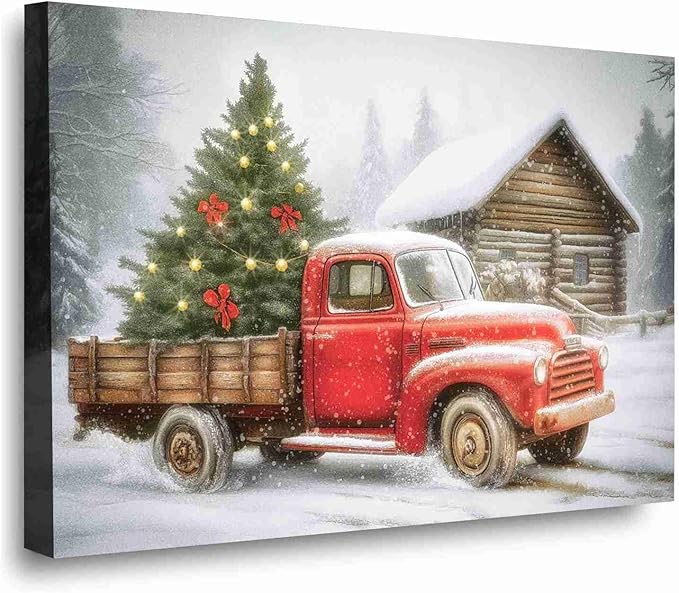 Red Truck Christmas Tree Vintage Holiday Wall Art Winter Snow Scene Poster Nostalgic Truck Canvas Print Indoor Decor for Home Living Room Bedroom Office Dining Room Farmhouse Framed Ready to Hang