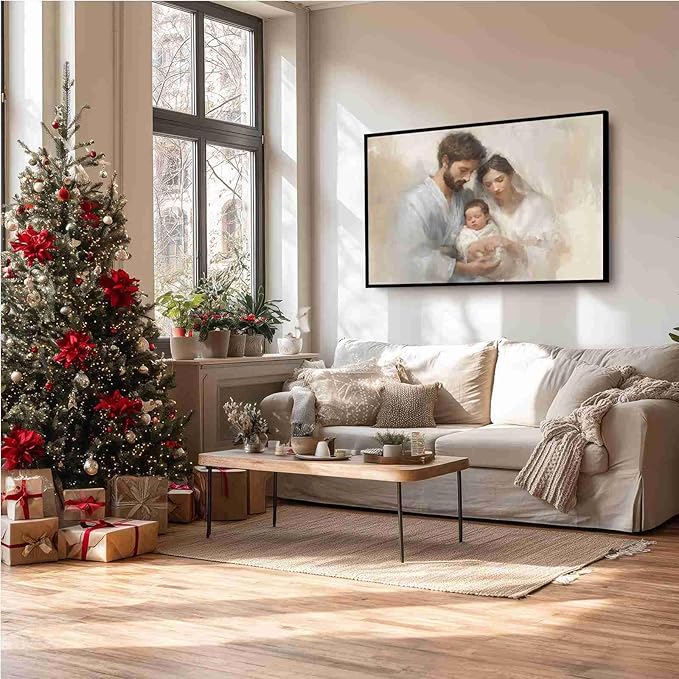 Holy Family Biblical Poster Vintage Christmas Canvas Painting Religious Painting Christian Wall Decor Nativity Scene Print Indoor Decor for Home Church Nursery Offices Living Room Framed Ready to Hang