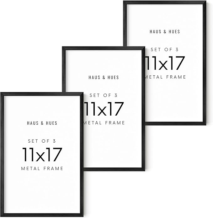 HAUS AND HUES 11x17 Black Metal Picture Frames - Features Premium Aluminum, Vertical & Horizontal Hang, Shatterproof Plexiglass - Perfect for Home, Room, Office (11x17 in, Black, Set of 3)