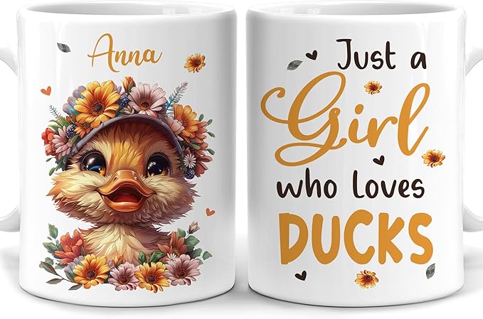 Hyturtle Personalized Cute Duck Coffee Mug - Gift For Duck Lover - Just A Girl Who Loves Ducks - Duck Gift For Women - Gift For Animal Lover - Birthday - Custom Coffee Cup Ceramic Mug 11oz - 15oz
