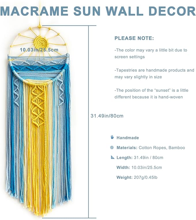 2 Pack Blue Sun Wall Decor Macrame Hanging Tapestry Sunshine Sunset Wall Art Set, Rustic Woven Tapestries Boho Dream Catcher Colorful Decor for Bedroom Living Room Nursery (Blue 2Pcs)