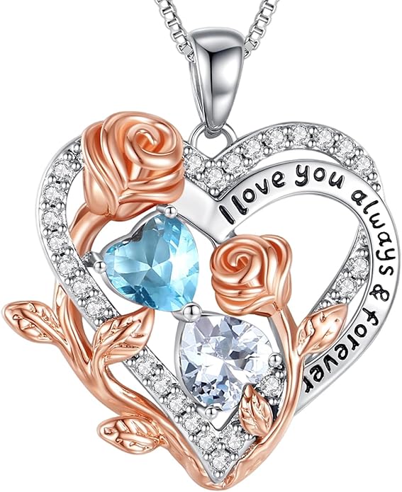 I Love You Birthstone Necklace, 925 Sterling Silver Heart Pendant with CZ Diamond Stones, Birthday Gifts for Women, Romantic Gift for Wife, Girlfriend, Her, Anniversary, Valentine's Day, Christmas